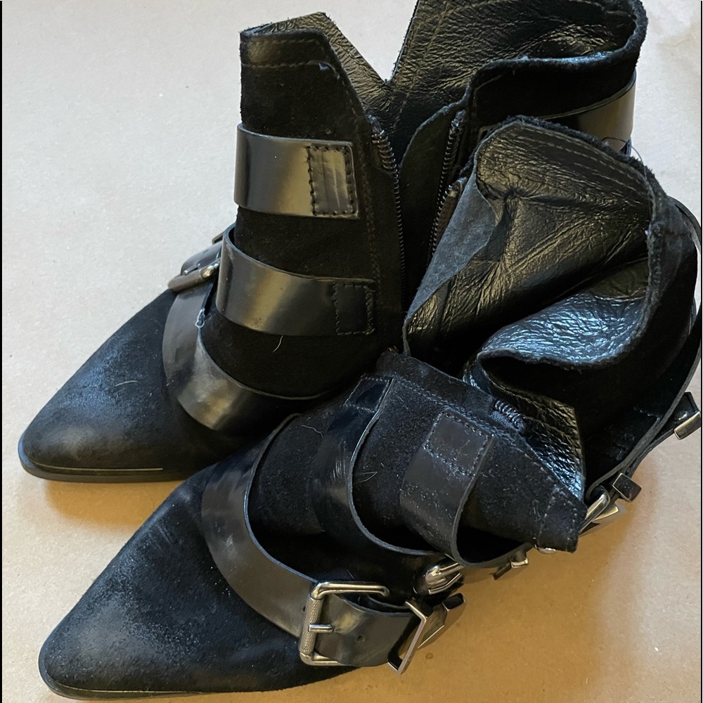 Diesel point toe bootie. Suede with leather buckles.